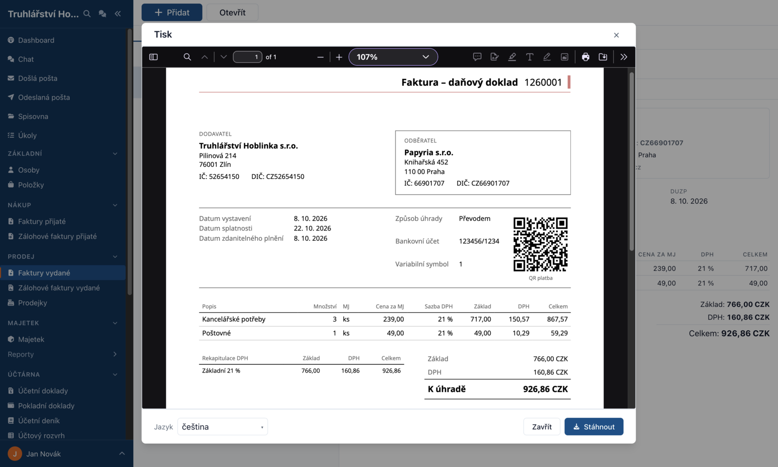 Tisk vydané faktury s QR platbou v Shipardu