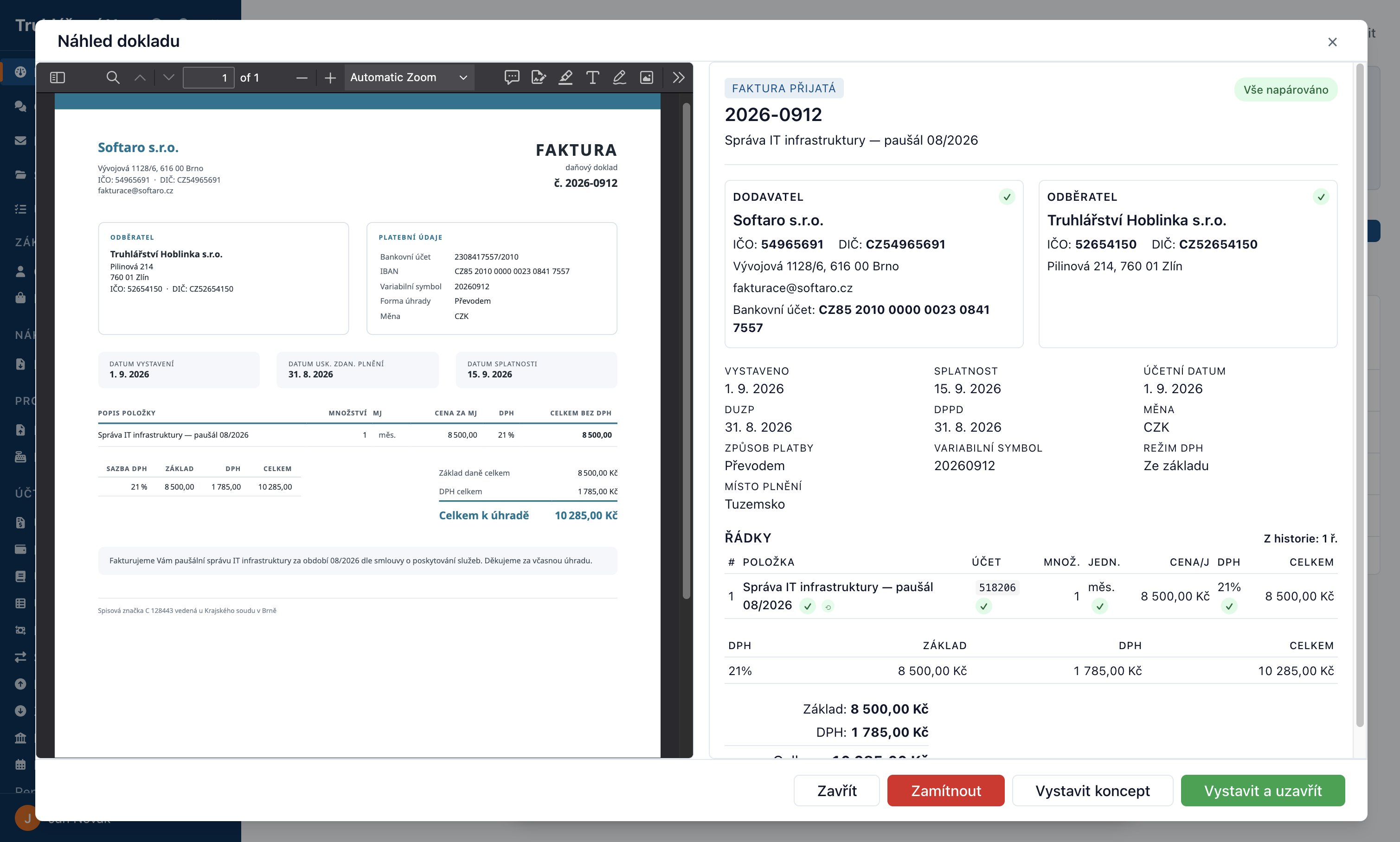 Kontrola návrhu přijaté faktury vedle původního PDF